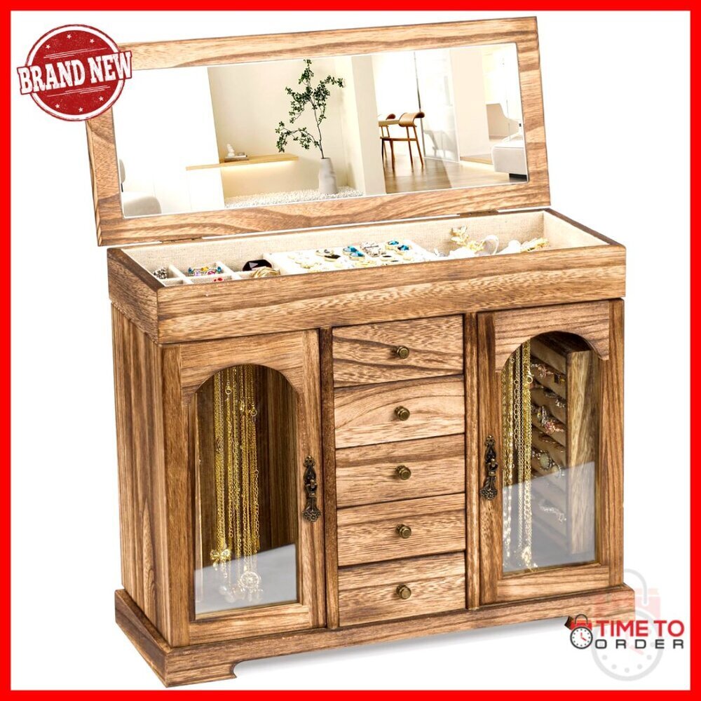 5 Layer Wooden Jewelry Organizer Box with Mirror for Necklaces Earrings